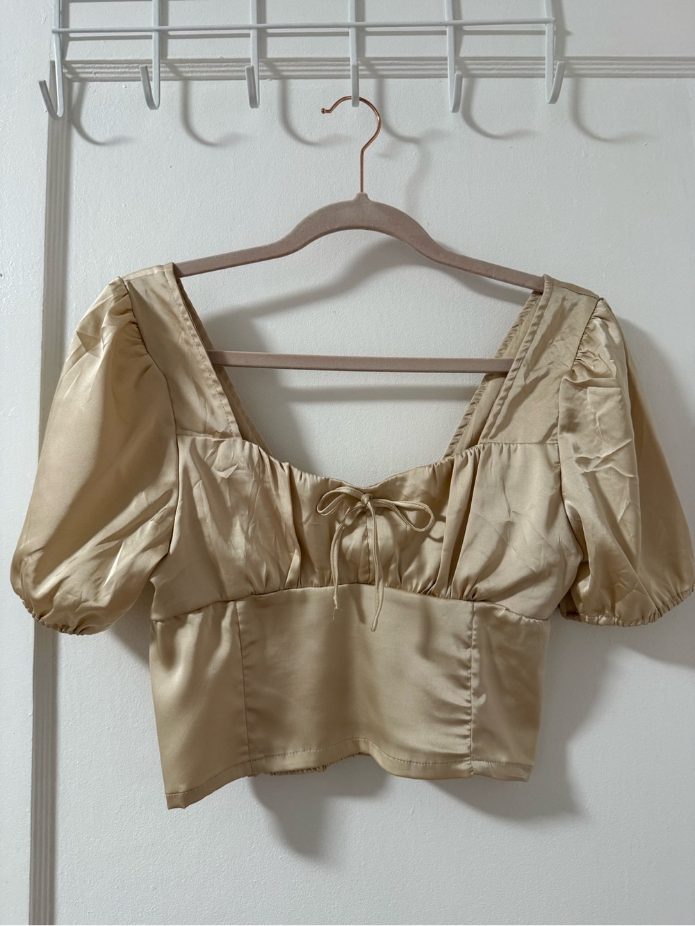 Love Tree Champagne Satin Puff-Sleeve Tie-Front Crop Top